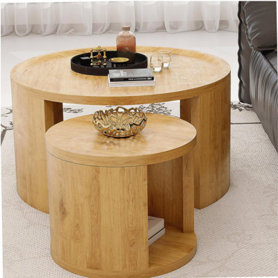 Round Nesting Coffee Table Set of 2 Modern Low Tables, 31.5" Big 18" Small Stacking Side Table with Wood Top, Minimalist Center Table for Living Room