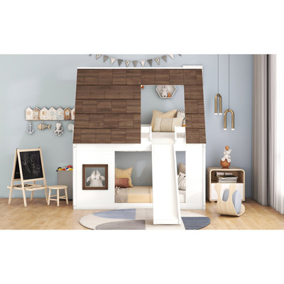 Wood Twin Size House Bunk Bed With Roof, Ladder And Slide, White+Brown