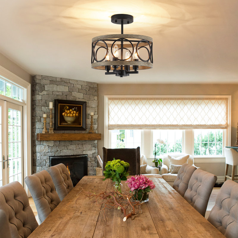 4-ligh 12.6" Dimmable Farmhouse Rustic Hollow Drum Semi-flush Mount Ceiling Light For Kitchen Island Living Room Bedroom Entryway