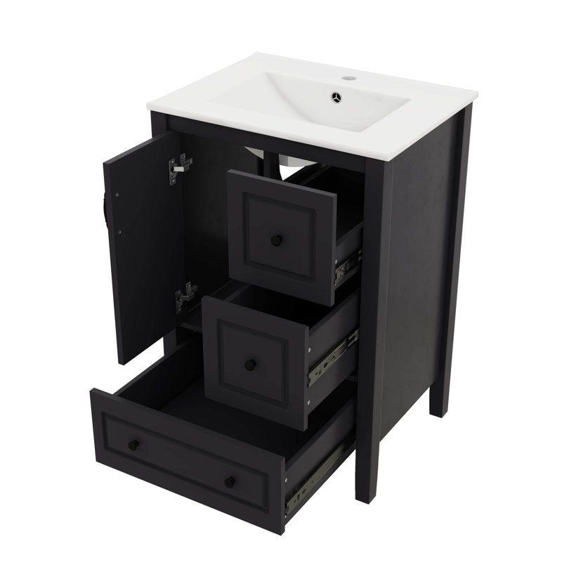 Meuble-lavabo 24 po avec lavabo et 1 armoire à porte à fermeture en douceur et 3 tiroirs à fermeture en douceur, Black