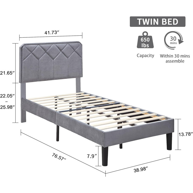 Twin Platform Bed Frame with Velvet Upholstered Headboard and Wooden Slats Support, Mattress Foundation/No Box Spring Needed