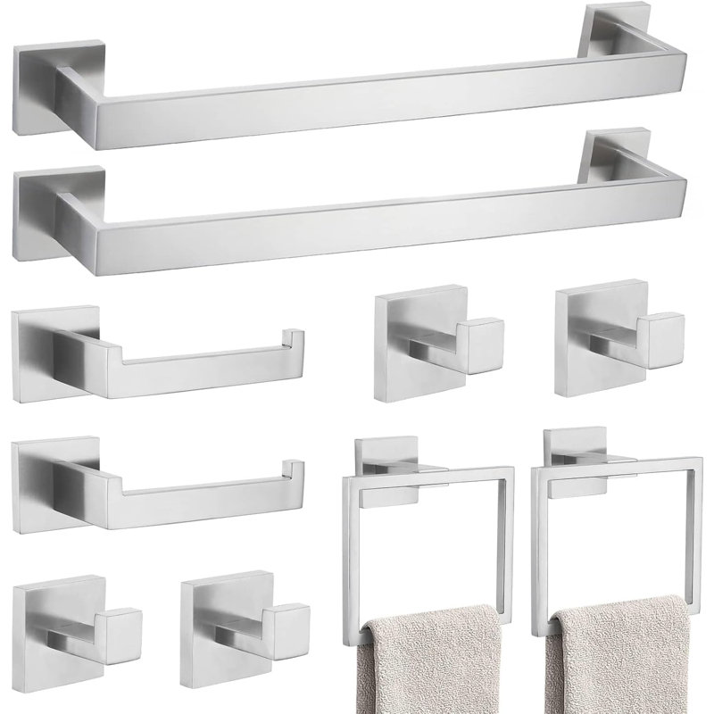 10-Piece  Bathroom Hardware Set - Stainless Steel Towel Bar, Ring, Toilet Paper Holder & Hooks Wall Mounted Kit With Modern Square Design For Bathroom, Kitchen & Laundry