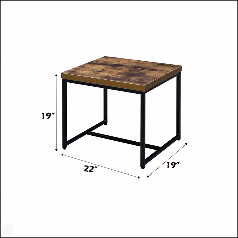 Table de bout en chêne vieilli et finition noire avec plateau en bois composite durable et base en métal stable, parfait pour les intérieurs modernes.