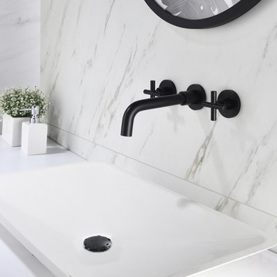 Wall Mounted Dual Handle Bathroom Sink Faucet With Pop-Up Drain (No Overflow)