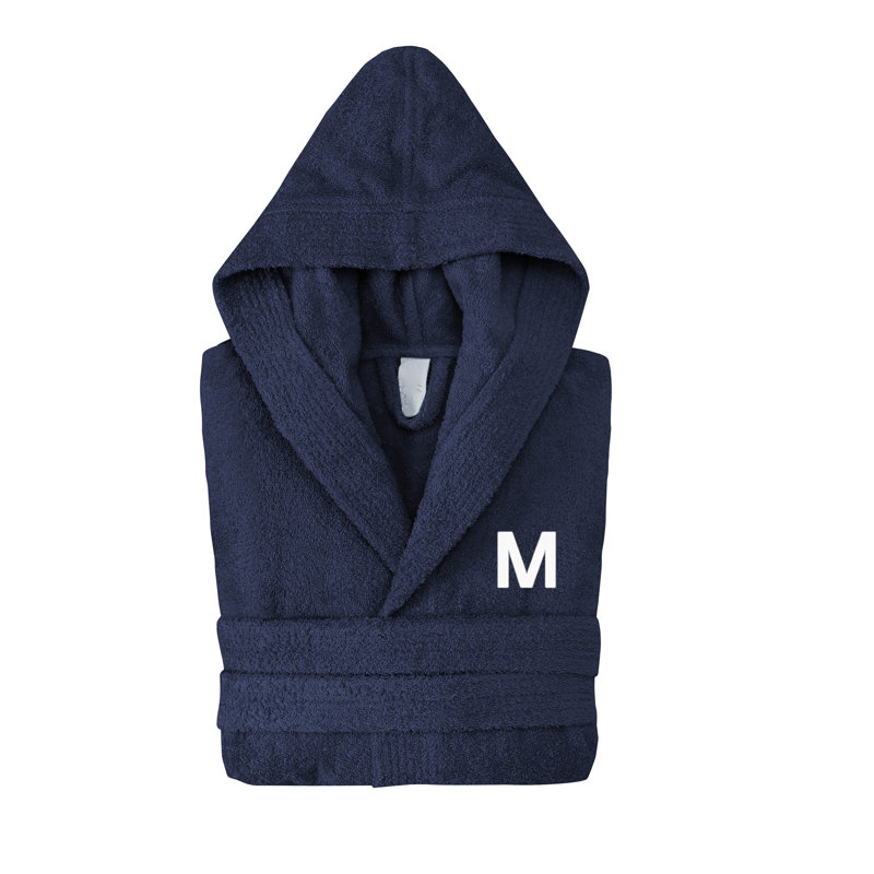 Peignoir monogrammé à capuche en coton turc, Marine, M
