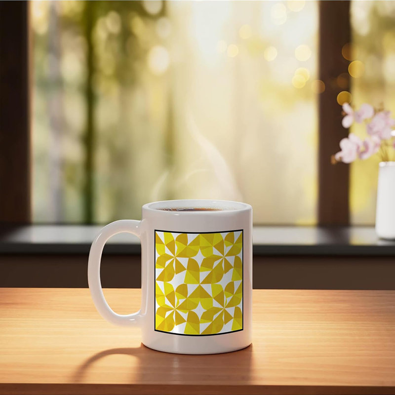 Geometric Yellow Floral Pattern Abstract Art Ceramic Mug, 11oz