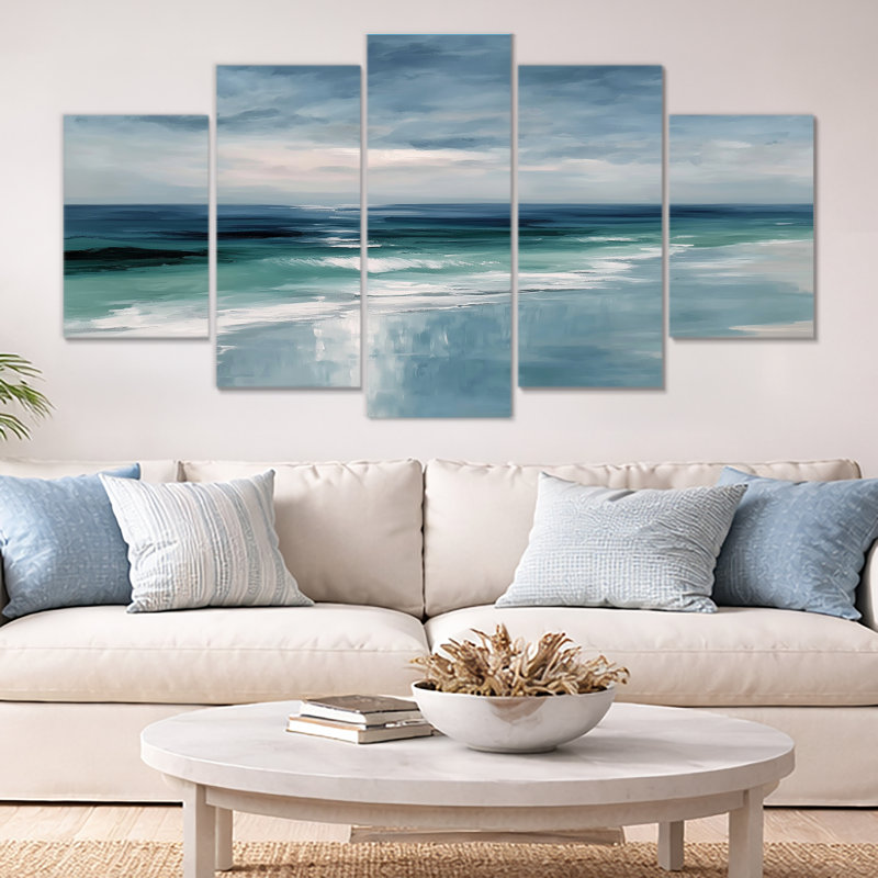 Vagues côtières dans des tons de bleu et de blanc - art mural côtier, impression sur toile 5 panneaux
