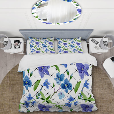 Fleurs bleues et feuille verte - ensemble de housse de couette floral - microfibre de polyester