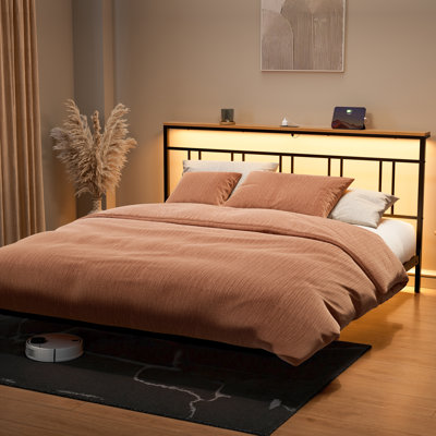 Floating Bed Frame with Storage Headboard,Modern Metal Platform Bed with LED & Charging Station,No Box Spring Needed