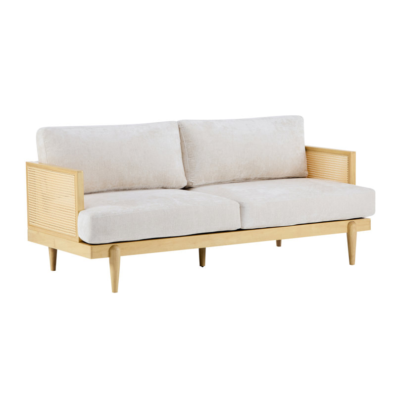 Dayton 72" Mid-Century Modern Upholstered 3-Seater Sofa with Cane Rattan Arms, Rubberwood Frame for Living Room, Natural