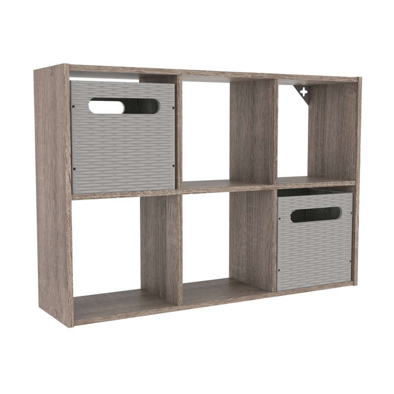 Mini 6-Cube Desktop or Wall Mount Organizer with 2 Collapsible Storage Bins, Bleached Walnut
