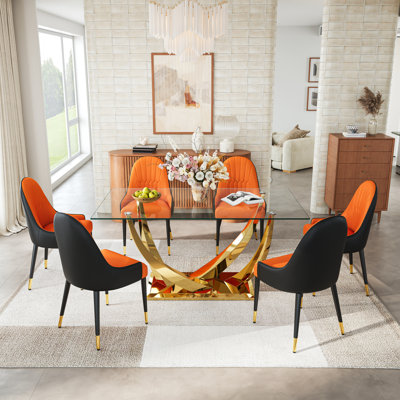68.9" Rectangular Glass Dining Table Set, Tempered Glass Top, Polished Stainless Steel Crescent-Shaped Base, And Faux Leather Diamond-Back Chairs