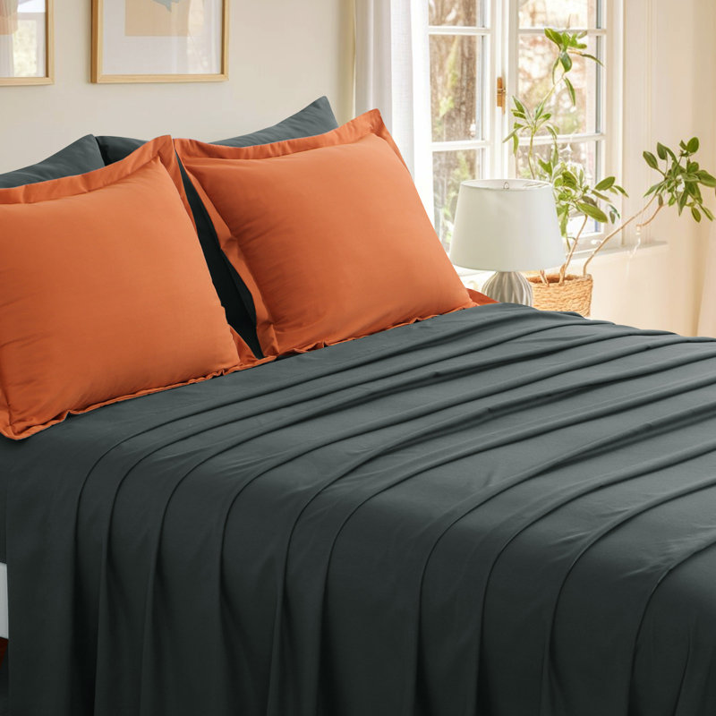 Ensemble d'édredon en microfibre 5/7-pièces , Édredon double et 6 pièces supplémentaires, Orange / gris foncé
