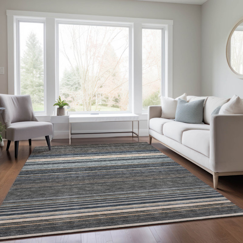 Taupe Stripe Rectangular Washable Synthetic Rug 3 ft x 5 ft