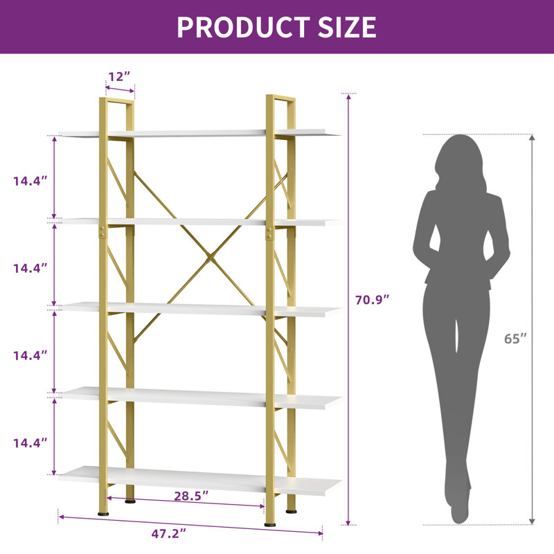 Gold and White 71"H 5-Tier Metal Frame Bookcase