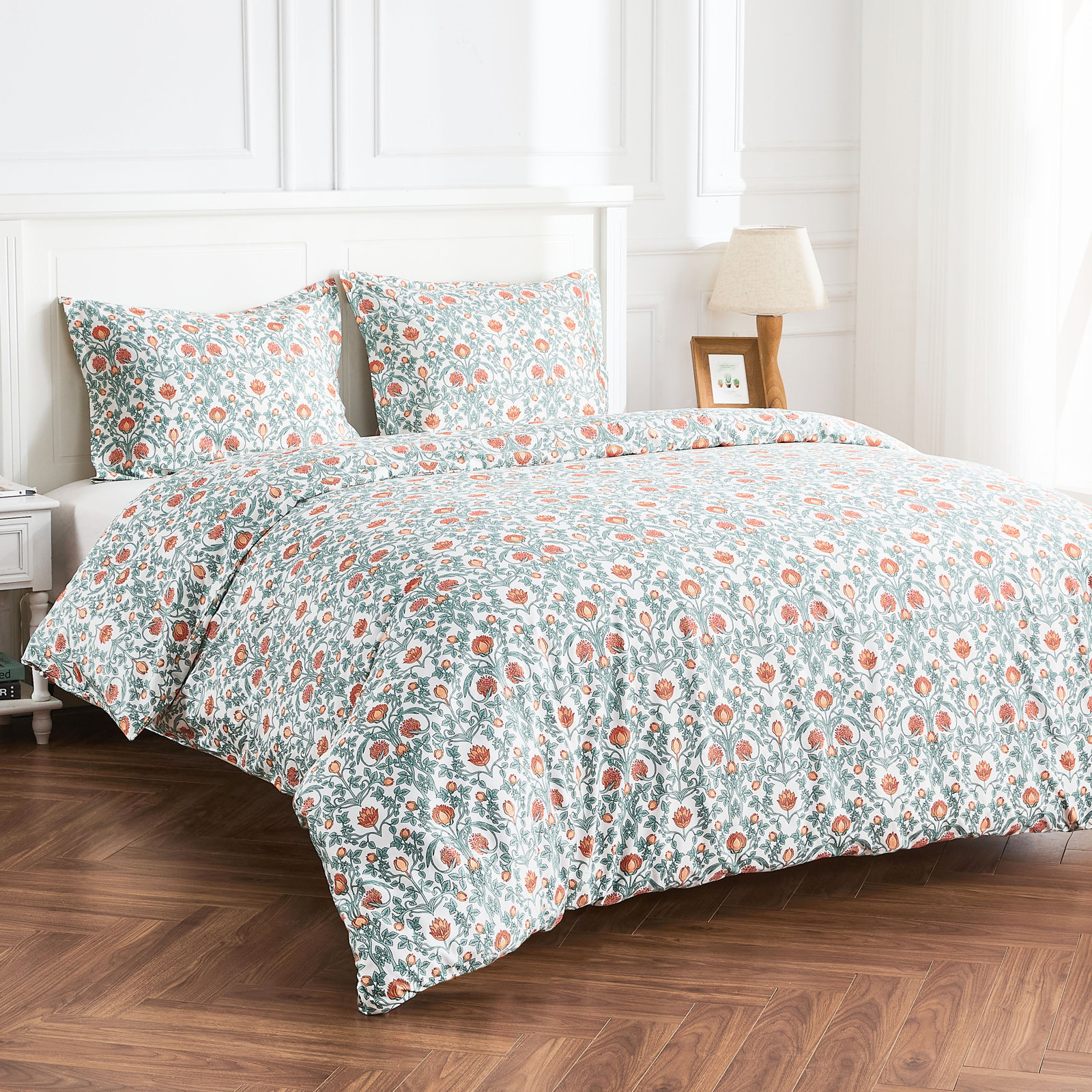 T400 ARTS & CRAFTS FLORAL DUVET SET, Twin Duvet Cover + 1 Standard Sham, Orange