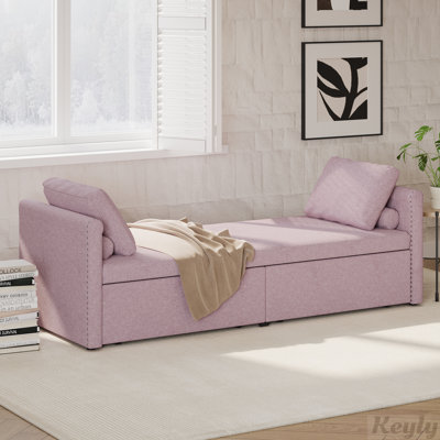 Linen Fabric Upholstered Chaise Lounger with Pillows and 2 Drawers