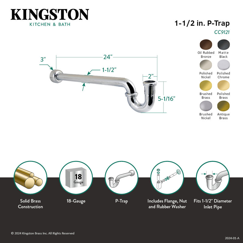 Kingston Brass Trimscape 1-1/2 Inch Decor P-Trap with High Box Flange, 24 Inch Length, 18 Gauge, Brushed Brass