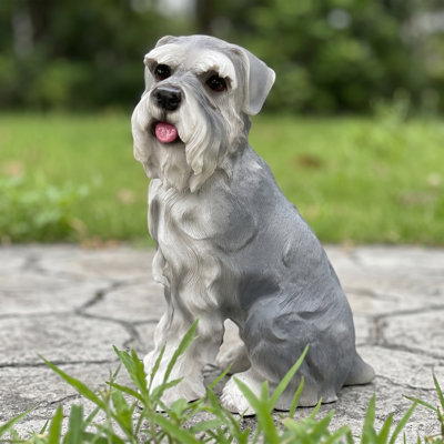 Resin Schnauzer statue, hand-painted miniature dog sculpture in a sitting pose, weather-resistant and waterproof garden ornament, suitable for outdoor decoration on lawns, porches, and other areas.
