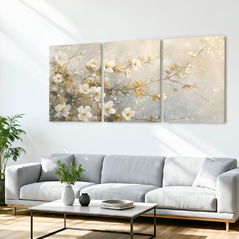 Ensemble de 3 tableaux muraux sur toile tendue, motif floral de fleurs de cerisier blanches, pour salon, chambre à coucher et décoration intérieure.