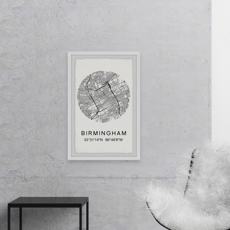 «Birmingham Circle Map - Reproduction d'art textuel sur papier encadré, H 45 po x l 30 po x P 1,5 po