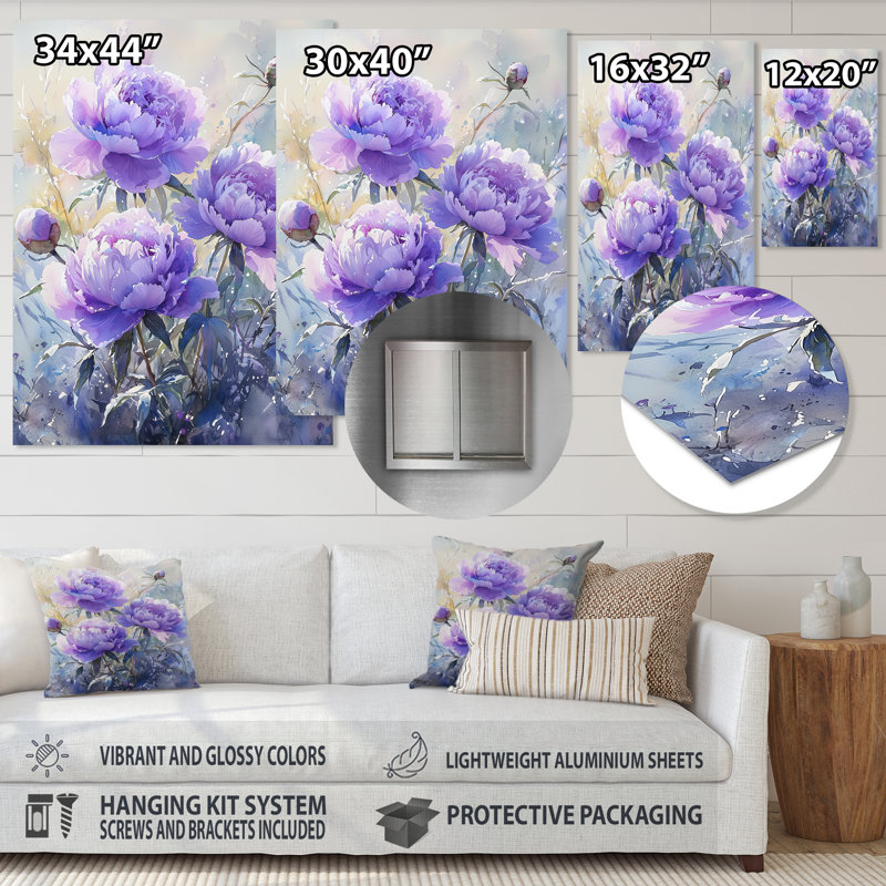 Lavande, hiver, pivoines, étreinte III - pivoines, impression sur métal, H 20 po x l 12 po