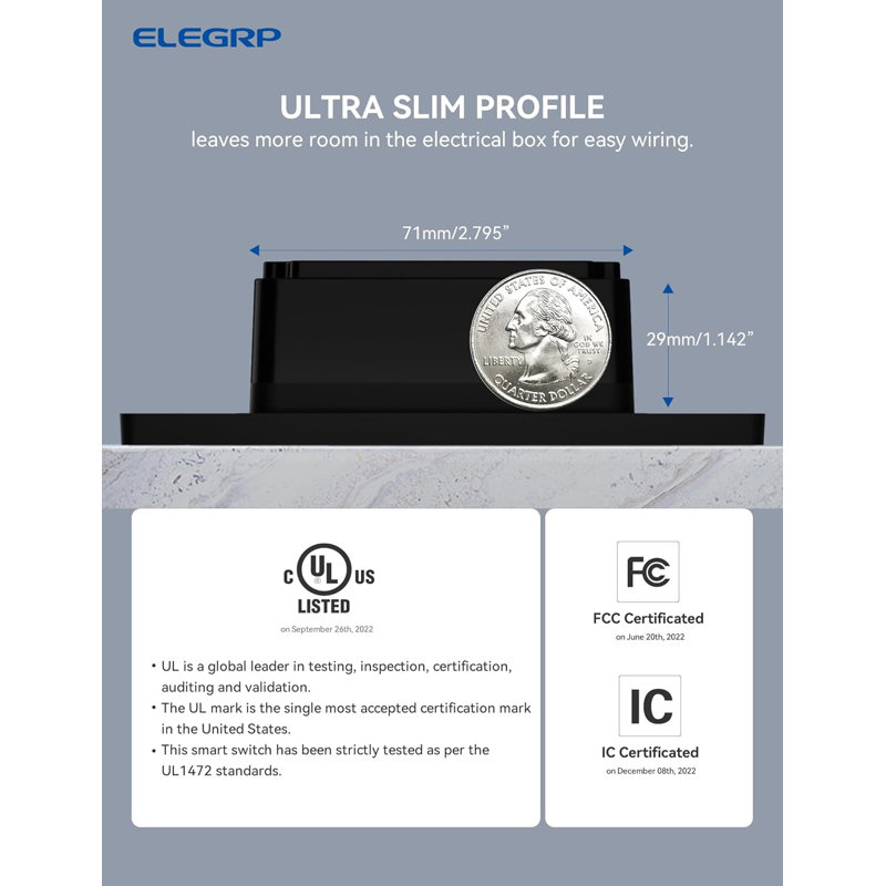 Gradateur intelligent ELEGRP, unipolaire / 3 voies, gradateur tactile Wi-Fi 2,4 Ghz compatible avec Alexa et l'assistant Google, fil neutre requis, aucun concentrateur requis, homologué UL et FCC, 1 PC