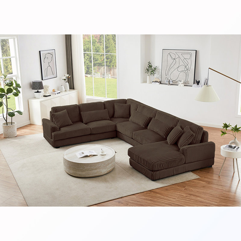 Canapé modulaire rembourré en U avec méridienne, Brown Corduroy