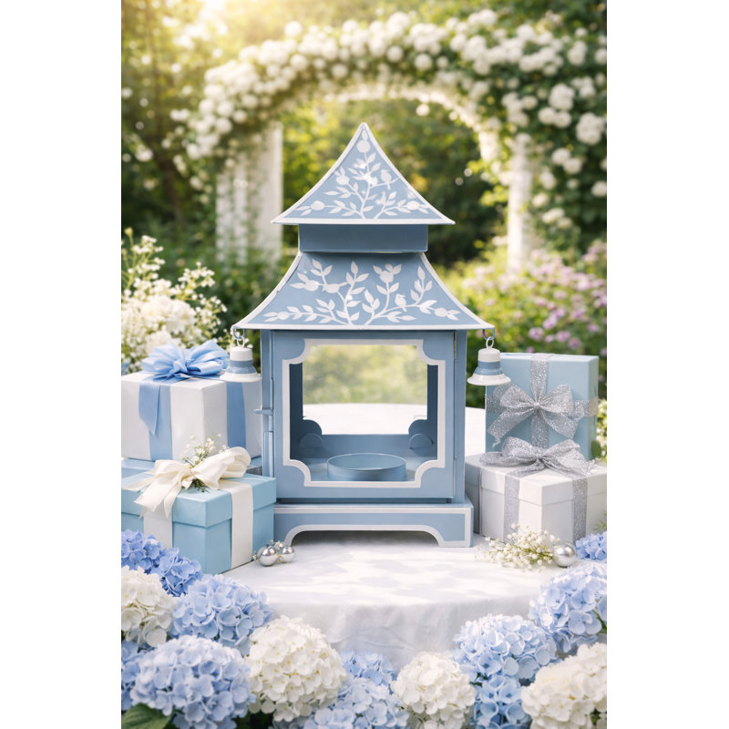 Lantern, 11" H x 6" W x 5" D, Blue/White