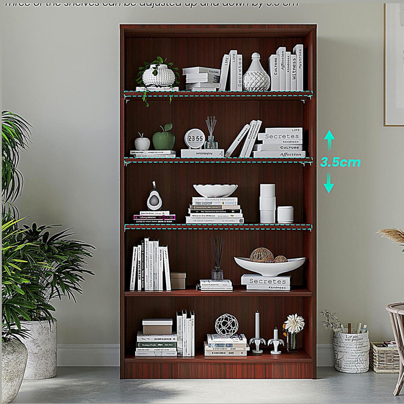 5 Tier Bookcase Modern Wood Bookshelf, Mahogany