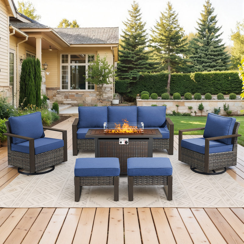 Drazen 7 - Person Patio Furniture Set With Fire Pit Table, All-Weather Wicker Outdoor Conversation Set With Chair And Thick Cushions