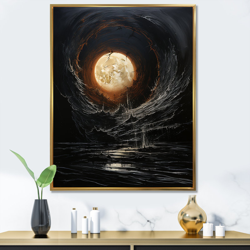 Lune ébène Eclipse lune I, H 32 po x l 16 po x P 1 po, Cadre flottant doré