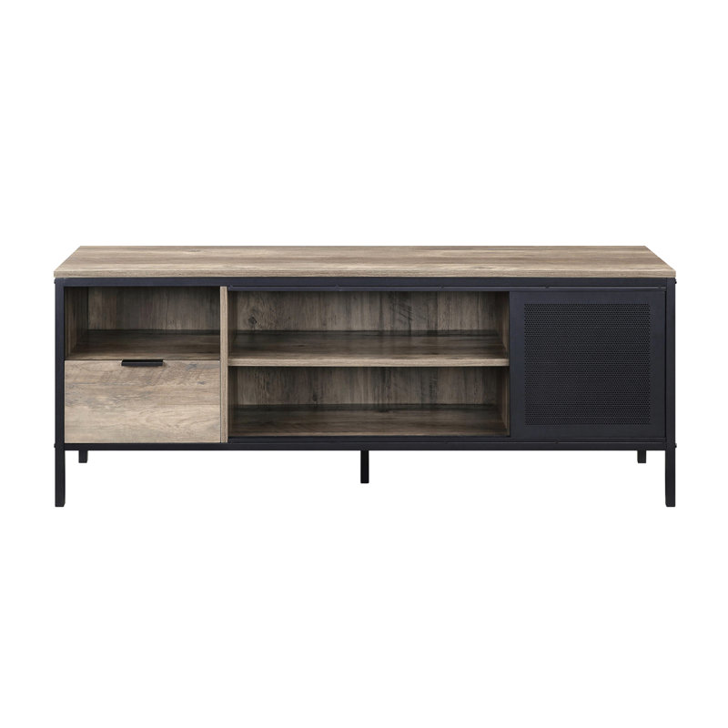55 - Inch Tv Stand, Rustic Oak, Black Metal Design, 1 Drawer, 4 Storage Compartments, 50 59 Entertainment Center Flat Screen Metal, Compartments
