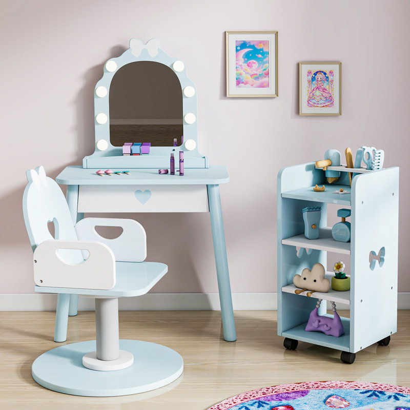 Ensemble de coiffeuse pour enfants avec tablette de rangement et ensemble de jeu pour salon de coiffure, Blue