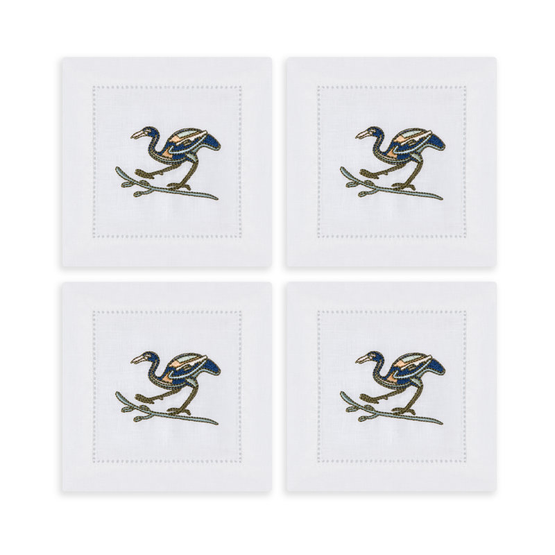 Bird Motif Embroidered Linen Cocktail Napkins