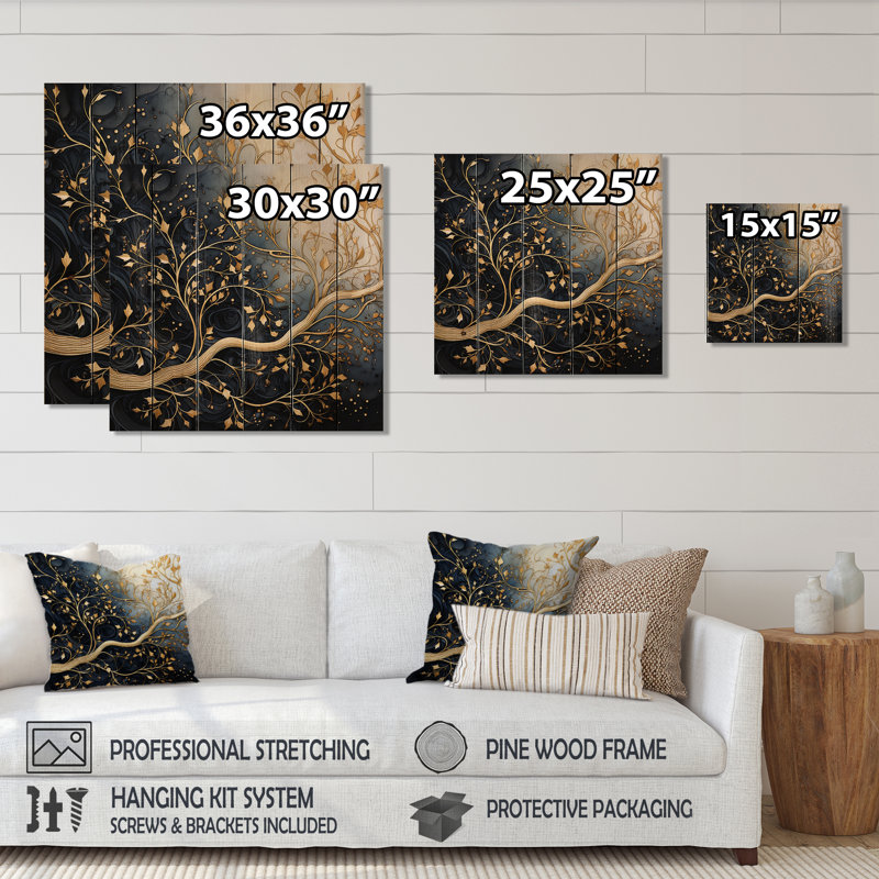 Golden Branch Tree Luminous Tangle I - Panneaux de décoration murale floraux en bois, H 15 po x l 15 po