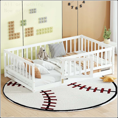 Twin Size Montessori Floor Bed with Fence, Door, and Slats