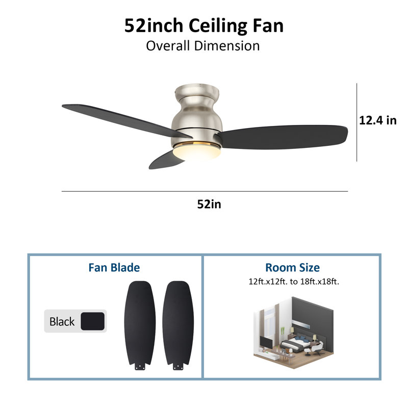 52" Alcena 3 - Blade LED Smart Flush Mount Ceiling Fans with Light, Silver/Black