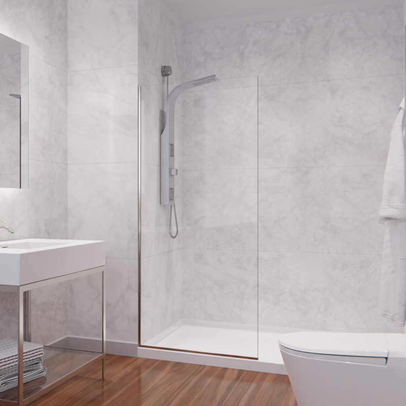 Screen Series 34 in. x 74 in. Fixed Frameless Shower Door in Brushed Nickel with Tsunami Guard Tempered Clear Glass