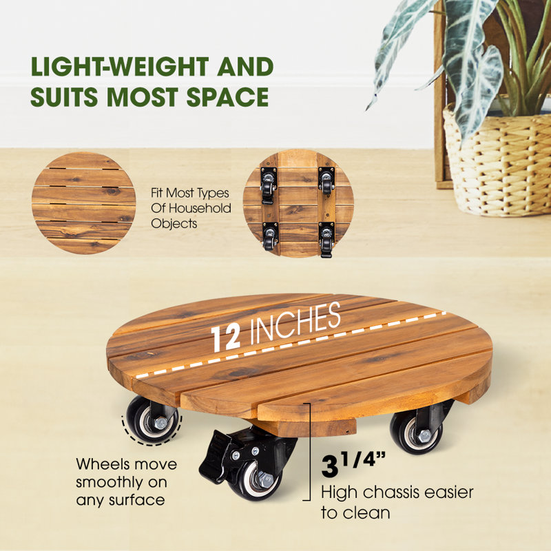 Panorea Wood Caddy Plant Stand, 3.2" H x 12" W x 12" D