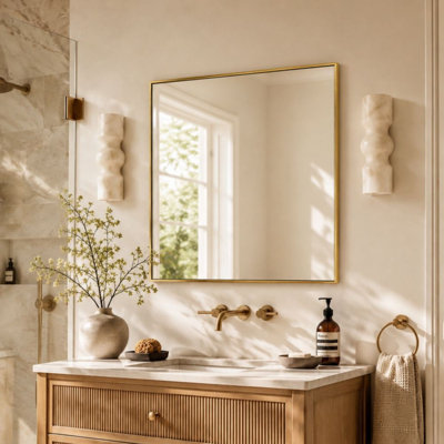 Kessie Square Bathroom Mirror, Brushed Gold Square Wall Mirror, 45x45'' Brushed Gold Square Mirror for Bathroom