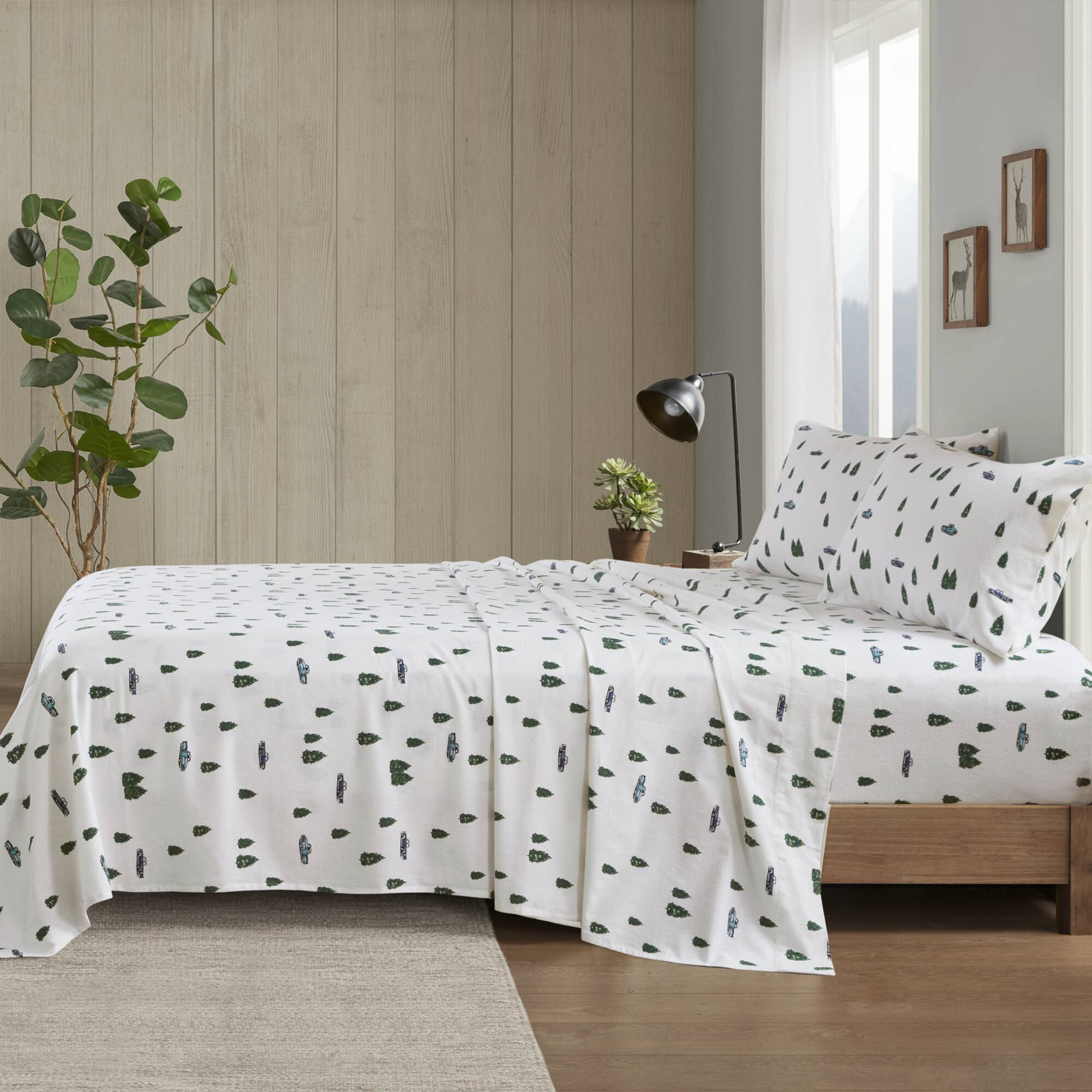 Woolrich 100% Cotton Flannel Sheet Set, Queen Sheet Set with 2 Pillowcases, Green/Blue Car&Tree