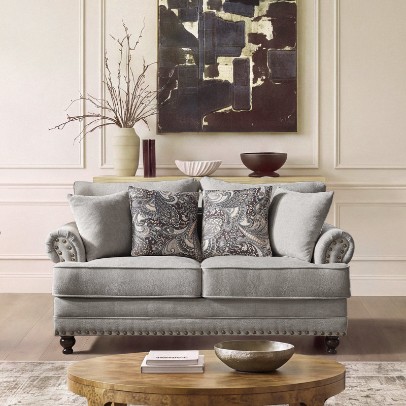 Estelle 64" Modern Farmhouse Chenille Upholstered Loveseat With Nailhead Trim, Rolled Arms, Wooden Legs, Includes 4 Accent Pillows