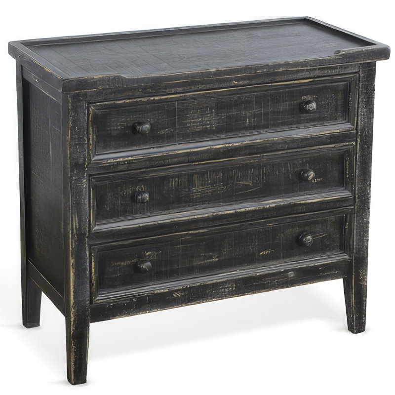 Rena Side End Table | 3 Drawers with Round Knobs | 28" Distressed Pebble Brown Mahogany Wood, Black
