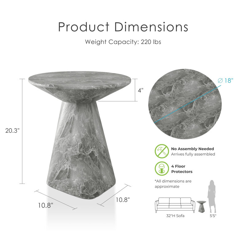 Fulcher Stone-Like 18"W Pedestal End Table, Gray Marble