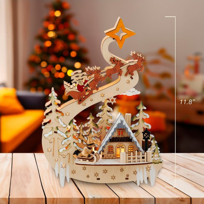 Illuminez le village de Noël en bois avec le Père Noël et le traîneau