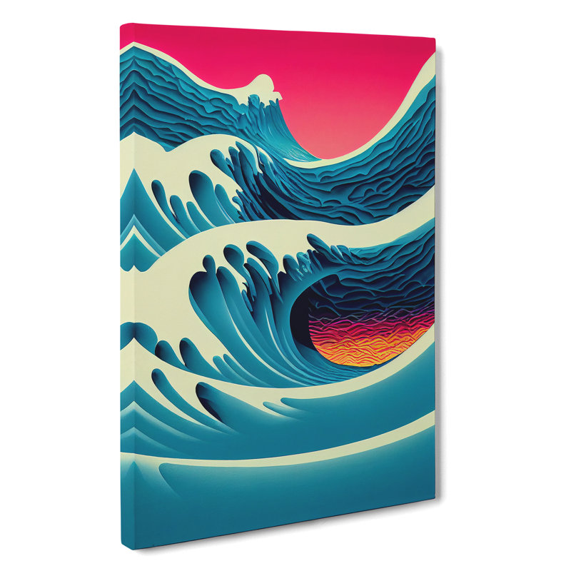 XV1022-4317X Sunset Ocean Wave Illustration No.1 - Print, 50cm H x 35cm W, Wrapped Canvas, No Matte