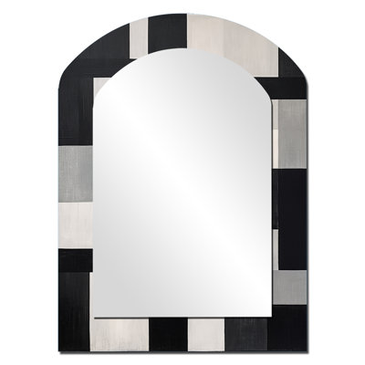 Black And White Cuboids Dream I - Abstract Shapes Arch Decorative Mirror, Modern Asymmetrical Wall Mirror, Printed Metal Art