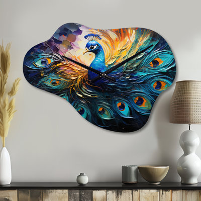 Peacock Feather Drips II - Peacock Asymmetrical Metal Clock, Modern Cloud Wall Clock Print