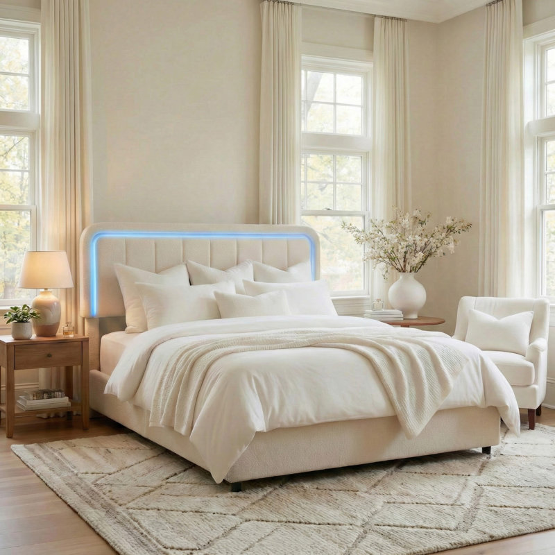 Soft Cream Style Boucle Cloud Bed With Led Light Adjustable Headboard And 4 Drawers, Queen